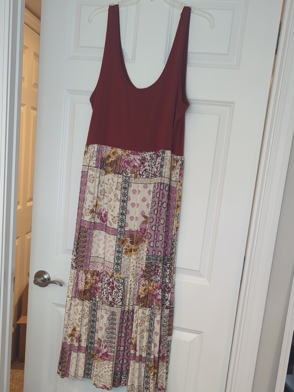 Maurices Maroon Tank Maxi Dress with Cream and Pink Patchwork Skirt